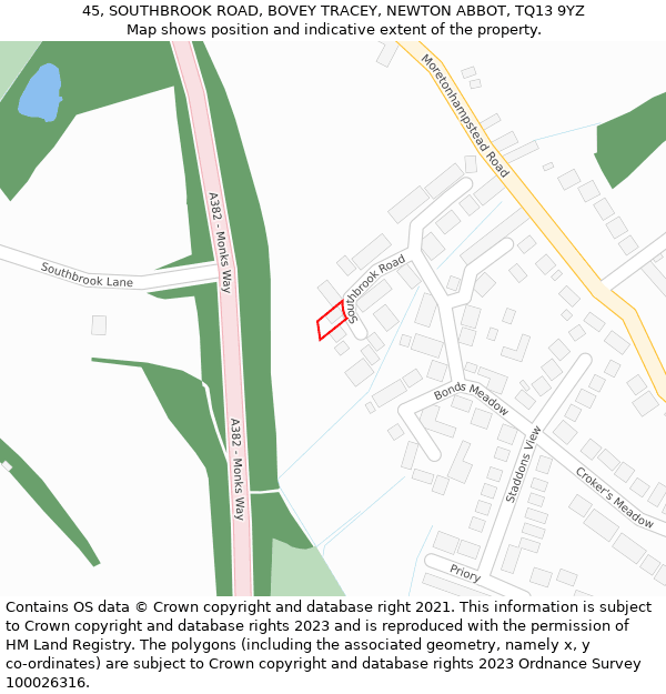 45, SOUTHBROOK ROAD, BOVEY TRACEY, NEWTON ABBOT, TQ13 9YZ: Location map and indicative extent of plot