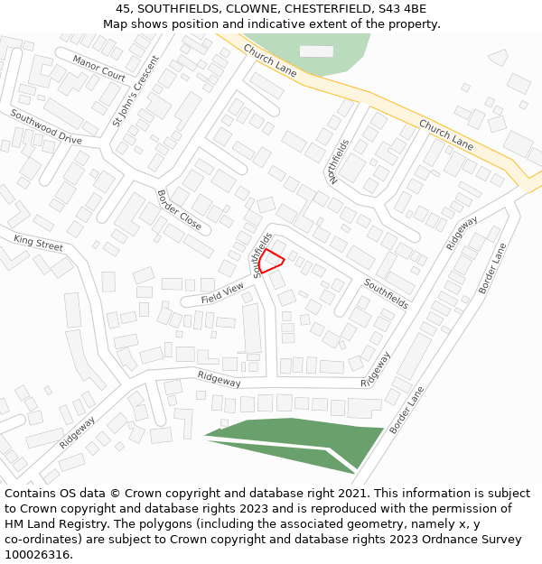 45, SOUTHFIELDS, CLOWNE, CHESTERFIELD, S43 4BE: Location map and indicative extent of plot