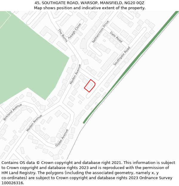 45, SOUTHGATE ROAD, WARSOP, MANSFIELD, NG20 0QZ: Location map and indicative extent of plot