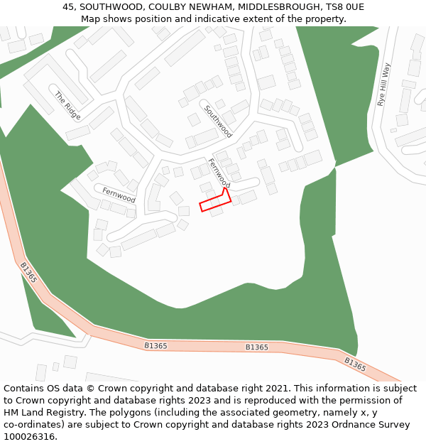 45, SOUTHWOOD, COULBY NEWHAM, MIDDLESBROUGH, TS8 0UE: Location map and indicative extent of plot