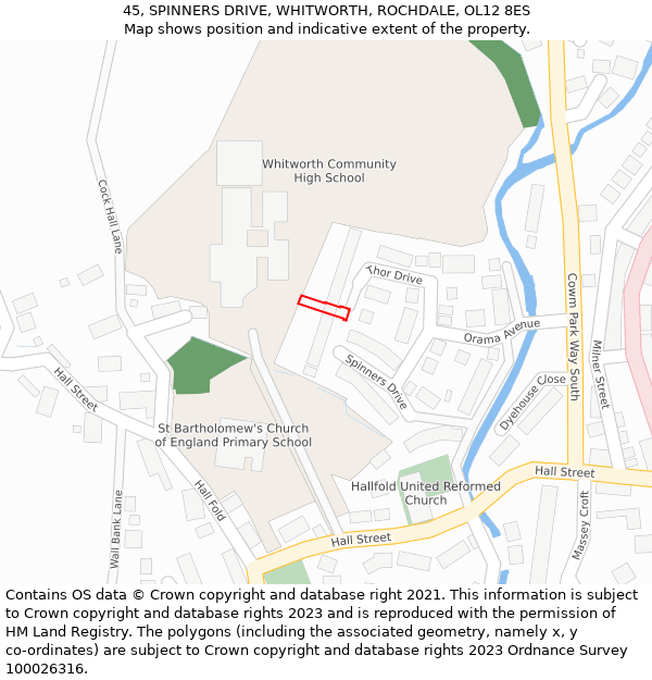 45, SPINNERS DRIVE, WHITWORTH, ROCHDALE, OL12 8ES: Location map and indicative extent of plot