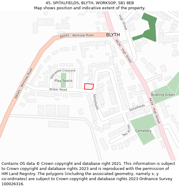 45, SPITALFIELDS, BLYTH, WORKSOP, S81 8EB: Location map and indicative extent of plot