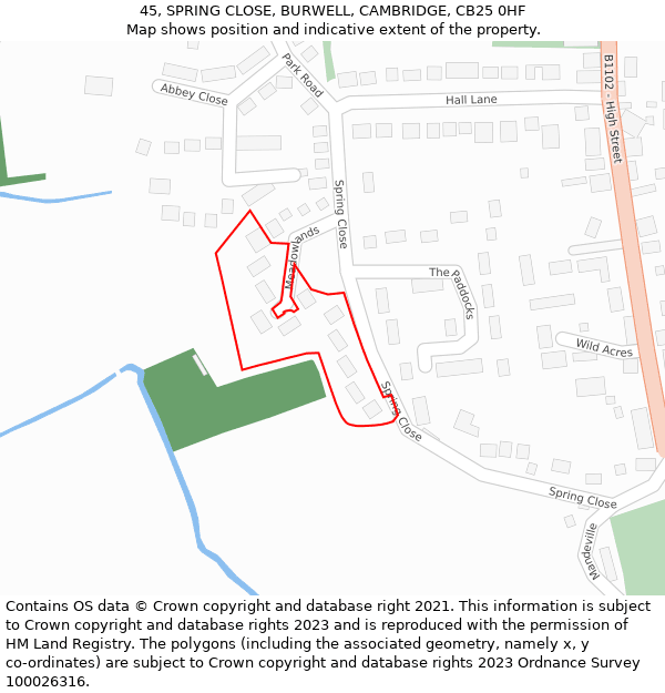 45, SPRING CLOSE, BURWELL, CAMBRIDGE, CB25 0HF: Location map and indicative extent of plot