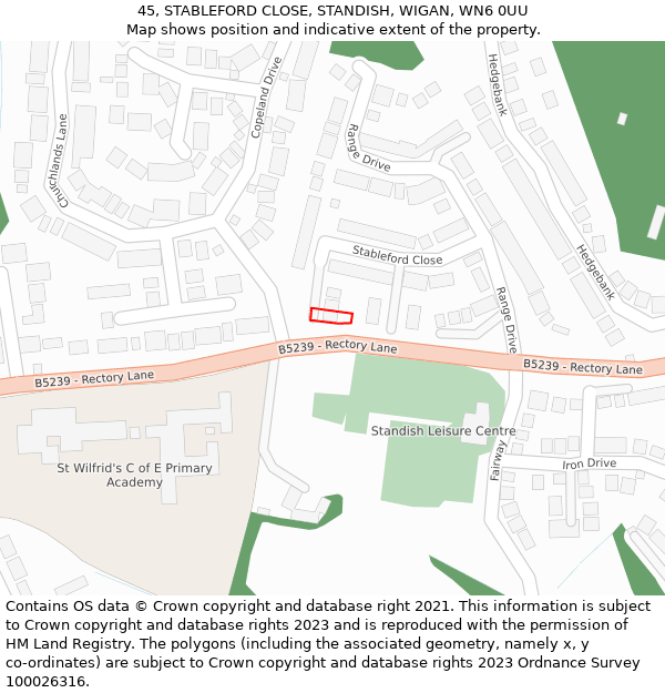 45, STABLEFORD CLOSE, STANDISH, WIGAN, WN6 0UU: Location map and indicative extent of plot