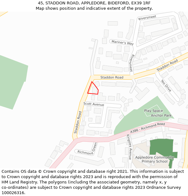 45, STADDON ROAD, APPLEDORE, BIDEFORD, EX39 1RF: Location map and indicative extent of plot