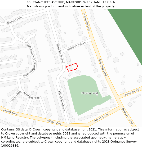 45, STANCLIFFE AVENUE, MARFORD, WREXHAM, LL12 8LN: Location map and indicative extent of plot