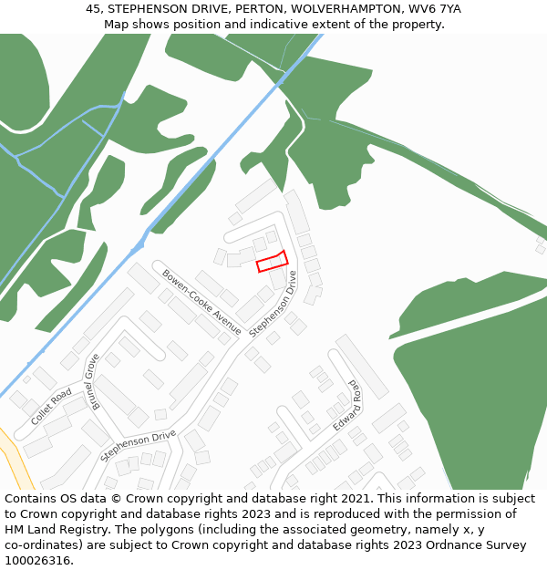 45, STEPHENSON DRIVE, PERTON, WOLVERHAMPTON, WV6 7YA: Location map and indicative extent of plot