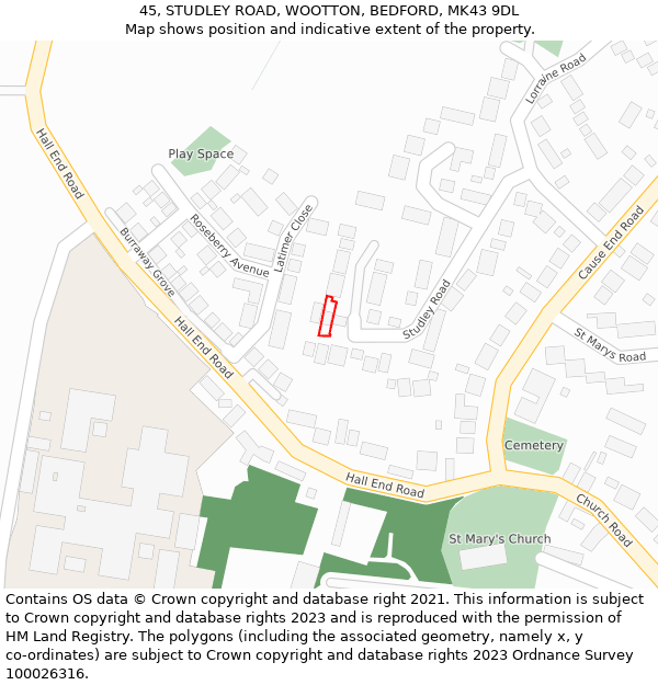 45, STUDLEY ROAD, WOOTTON, BEDFORD, MK43 9DL: Location map and indicative extent of plot