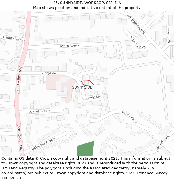 45, SUNNYSIDE, WORKSOP, S81 7LN: Location map and indicative extent of plot