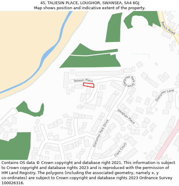 45, TALIESIN PLACE, LOUGHOR, SWANSEA, SA4 6GJ: Location map and indicative extent of plot