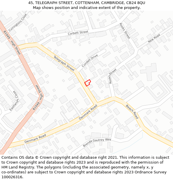 45, TELEGRAPH STREET, COTTENHAM, CAMBRIDGE, CB24 8QU: Location map and indicative extent of plot