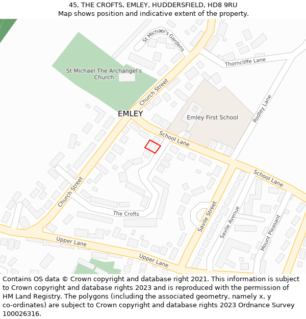 45, THE CROFTS, EMLEY, HUDDERSFIELD, HD8 9RU: Location map and indicative extent of plot