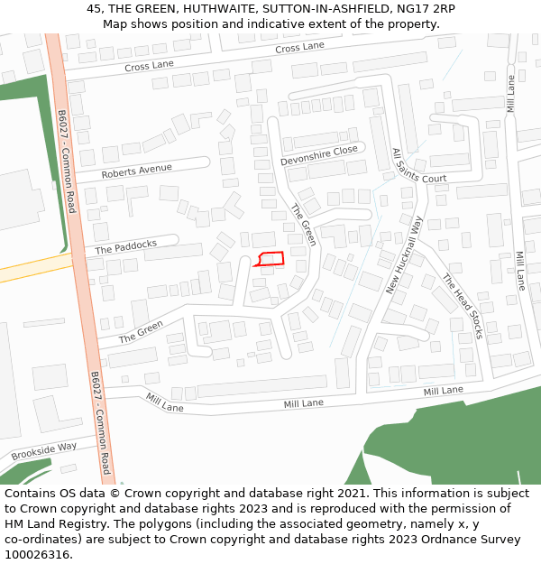 45, THE GREEN, HUTHWAITE, SUTTON-IN-ASHFIELD, NG17 2RP: Location map and indicative extent of plot