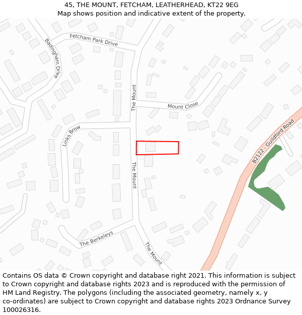 45, THE MOUNT, FETCHAM, LEATHERHEAD, KT22 9EG: Location map and indicative extent of plot