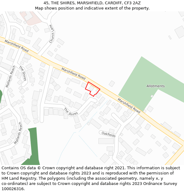 45, THE SHIRES, MARSHFIELD, CARDIFF, CF3 2AZ: Location map and indicative extent of plot