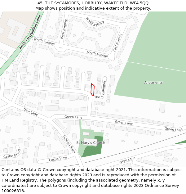 45, THE SYCAMORES, HORBURY, WAKEFIELD, WF4 5QQ: Location map and indicative extent of plot