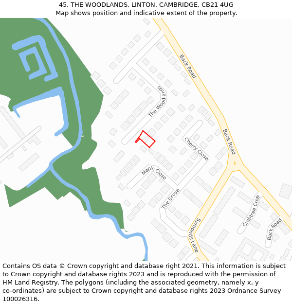 45, THE WOODLANDS, LINTON, CAMBRIDGE, CB21 4UG: Location map and indicative extent of plot