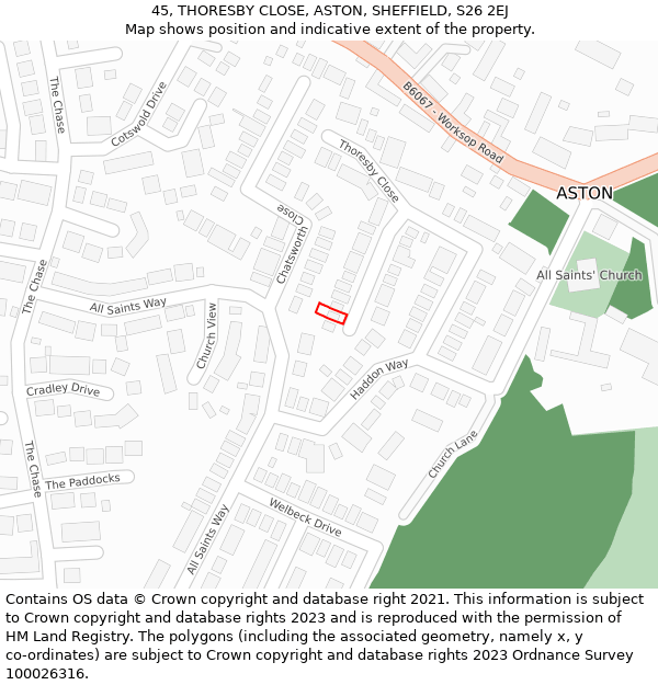 45, THORESBY CLOSE, ASTON, SHEFFIELD, S26 2EJ: Location map and indicative extent of plot