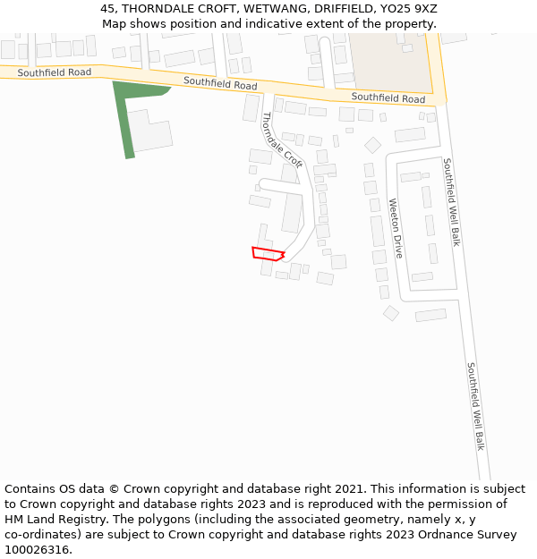 45, THORNDALE CROFT, WETWANG, DRIFFIELD, YO25 9XZ: Location map and indicative extent of plot