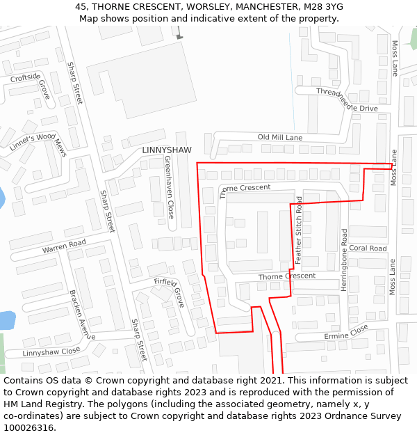 45, THORNE CRESCENT, WORSLEY, MANCHESTER, M28 3YG: Location map and indicative extent of plot