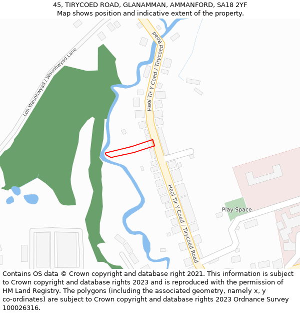 45, TIRYCOED ROAD, GLANAMMAN, AMMANFORD, SA18 2YF: Location map and indicative extent of plot