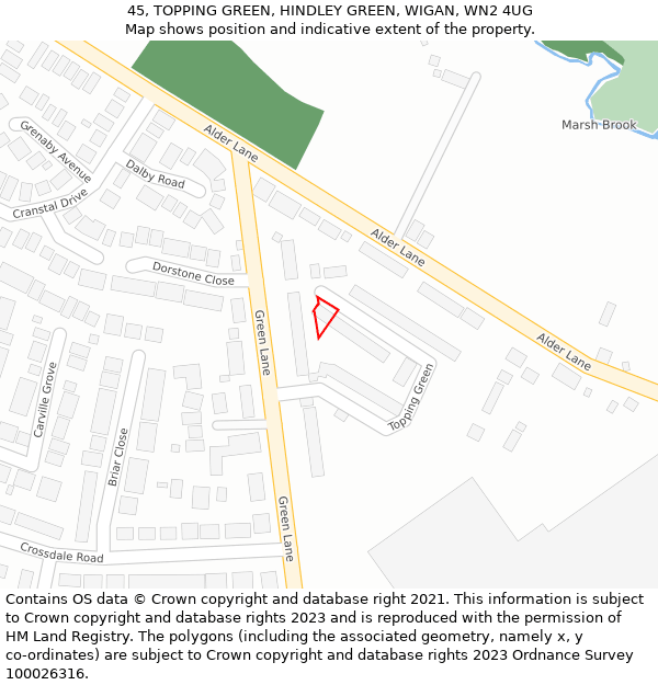 45, TOPPING GREEN, HINDLEY GREEN, WIGAN, WN2 4UG: Location map and indicative extent of plot