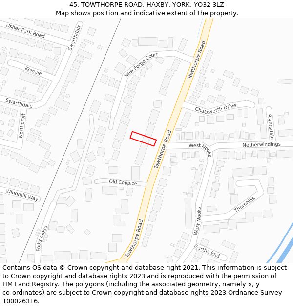 45, TOWTHORPE ROAD, HAXBY, YORK, YO32 3LZ: Location map and indicative extent of plot