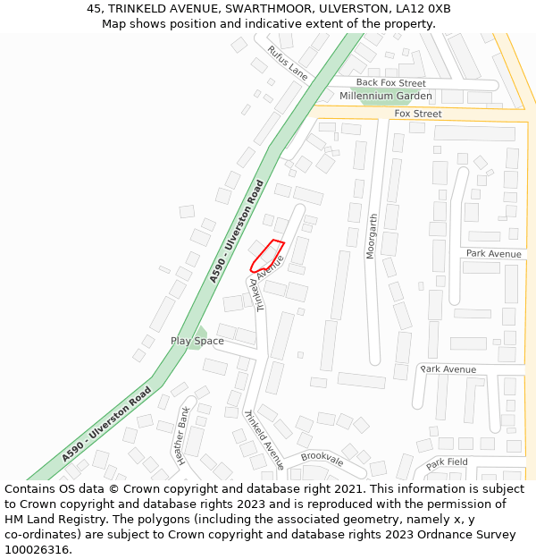 45, TRINKELD AVENUE, SWARTHMOOR, ULVERSTON, LA12 0XB: Location map and indicative extent of plot