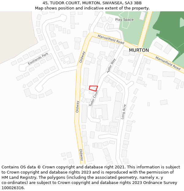 45, TUDOR COURT, MURTON, SWANSEA, SA3 3BB: Location map and indicative extent of plot