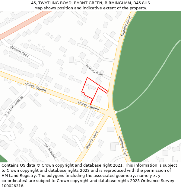45, TWATLING ROAD, BARNT GREEN, BIRMINGHAM, B45 8HS: Location map and indicative extent of plot