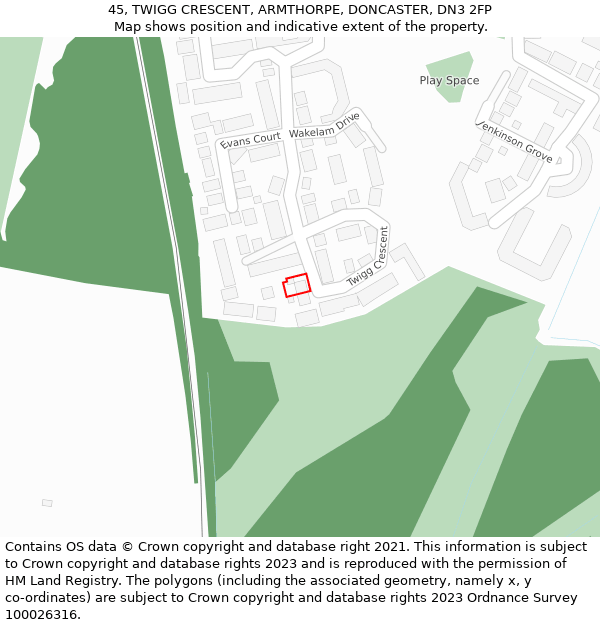 45, TWIGG CRESCENT, ARMTHORPE, DONCASTER, DN3 2FP: Location map and indicative extent of plot