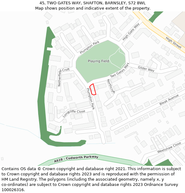 45, TWO GATES WAY, SHAFTON, BARNSLEY, S72 8WL: Location map and indicative extent of plot