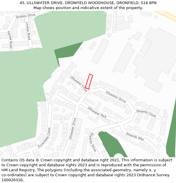 45, ULLSWATER DRIVE, DRONFIELD WOODHOUSE, DRONFIELD, S18 8PN: Location map and indicative extent of plot