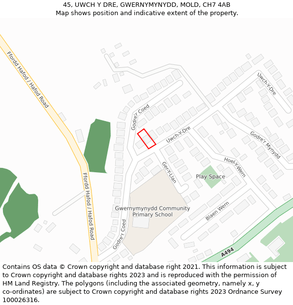 45, UWCH Y DRE, GWERNYMYNYDD, MOLD, CH7 4AB: Location map and indicative extent of plot