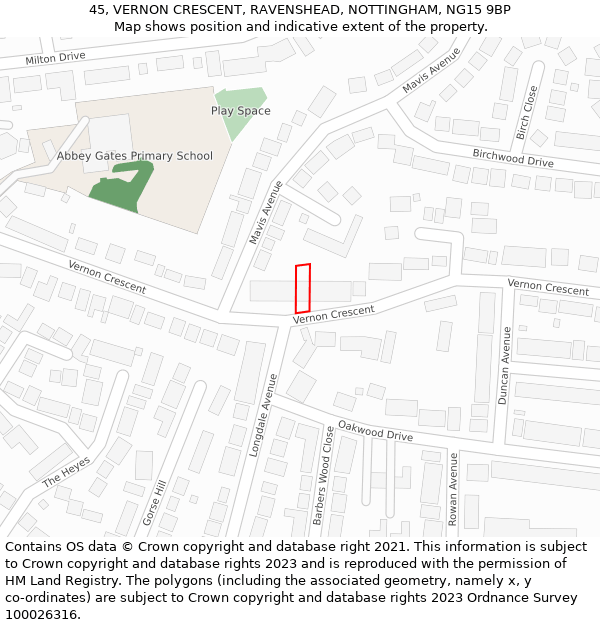 45, VERNON CRESCENT, RAVENSHEAD, NOTTINGHAM, NG15 9BP: Location map and indicative extent of plot