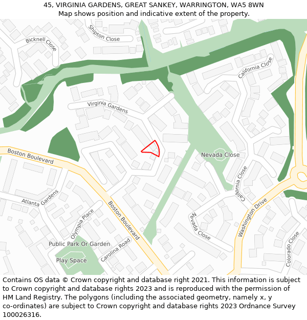 45, VIRGINIA GARDENS, GREAT SANKEY, WARRINGTON, WA5 8WN: Location map and indicative extent of plot