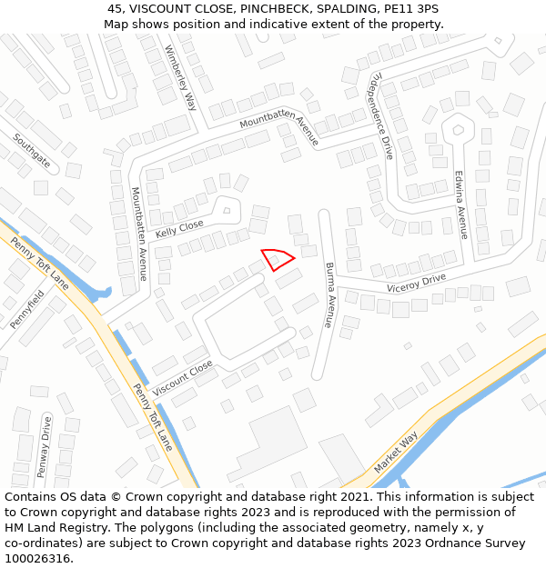 45, VISCOUNT CLOSE, PINCHBECK, SPALDING, PE11 3PS: Location map and indicative extent of plot