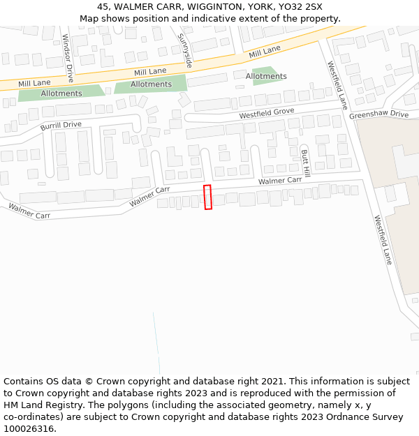 45, WALMER CARR, WIGGINTON, YORK, YO32 2SX: Location map and indicative extent of plot