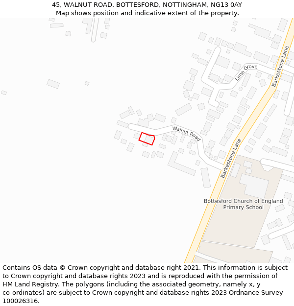 45, WALNUT ROAD, BOTTESFORD, NOTTINGHAM, NG13 0AY: Location map and indicative extent of plot