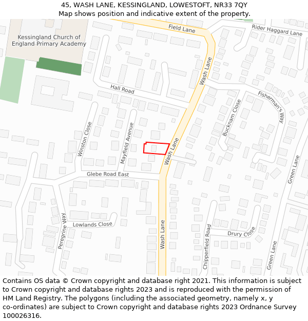 45, WASH LANE, KESSINGLAND, LOWESTOFT, NR33 7QY: Location map and indicative extent of plot