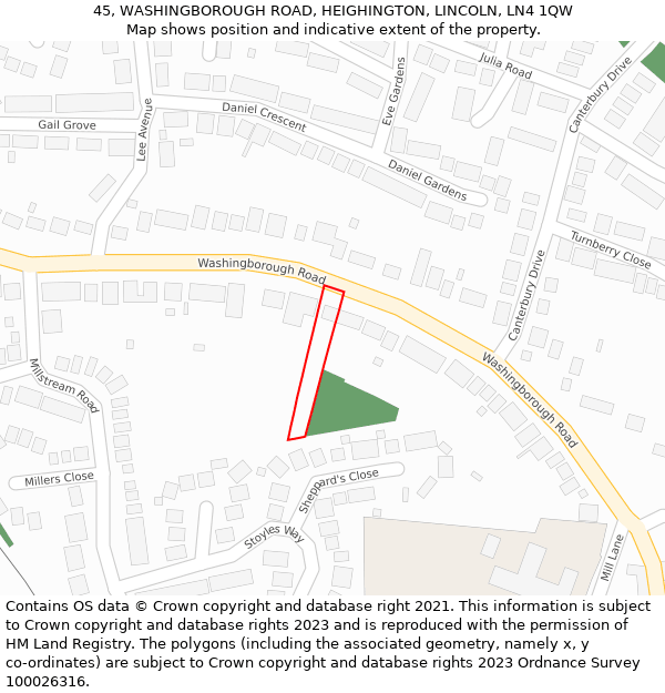45, WASHINGBOROUGH ROAD, HEIGHINGTON, LINCOLN, LN4 1QW: Location map and indicative extent of plot