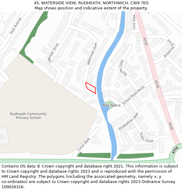 45, WATERSIDE VIEW, RUDHEATH, NORTHWICH, CW9 7EG: Location map and indicative extent of plot