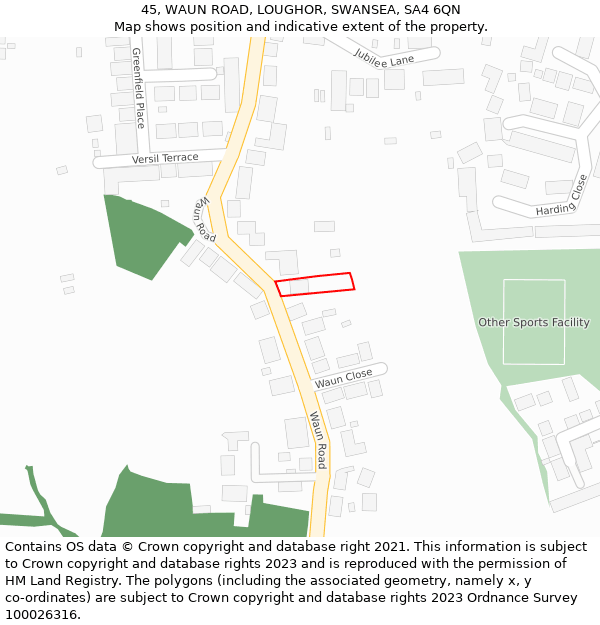 45, WAUN ROAD, LOUGHOR, SWANSEA, SA4 6QN: Location map and indicative extent of plot