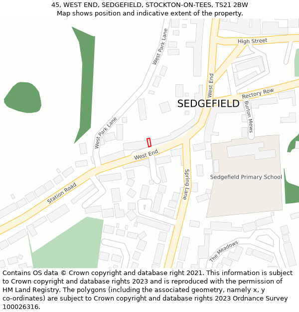 45, WEST END, SEDGEFIELD, STOCKTON-ON-TEES, TS21 2BW: Location map and indicative extent of plot