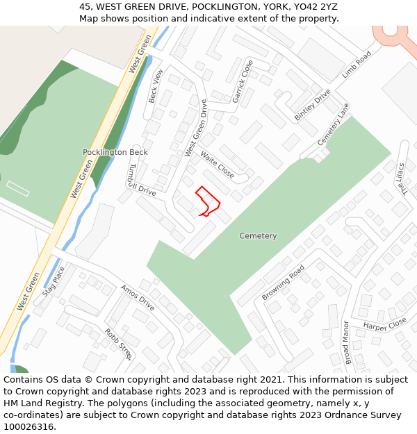 45, WEST GREEN DRIVE, POCKLINGTON, YORK, YO42 2YZ: Location map and indicative extent of plot