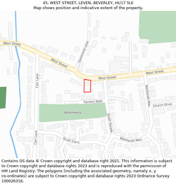 45, WEST STREET, LEVEN, BEVERLEY, HU17 5LE: Location map and indicative extent of plot