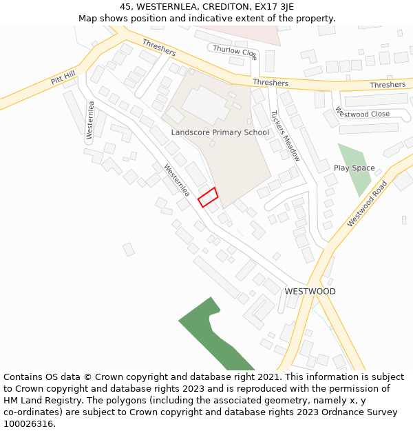 45, WESTERNLEA, CREDITON, EX17 3JE: Location map and indicative extent of plot