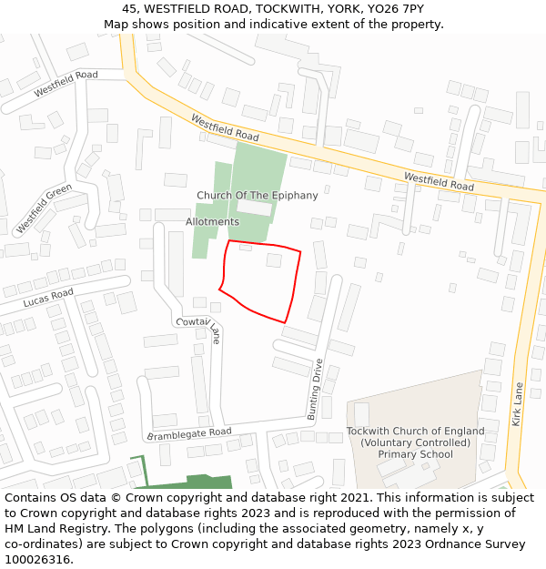 45, WESTFIELD ROAD, TOCKWITH, YORK, YO26 7PY: Location map and indicative extent of plot