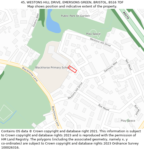 45, WESTONS HILL DRIVE, EMERSONS GREEN, BRISTOL, BS16 7DF: Location map and indicative extent of plot