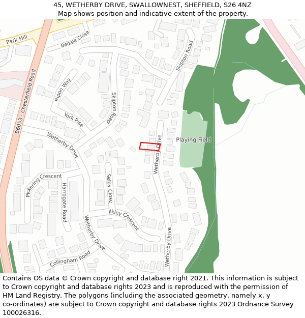 45, WETHERBY DRIVE, SWALLOWNEST, SHEFFIELD, S26 4NZ: Location map and indicative extent of plot